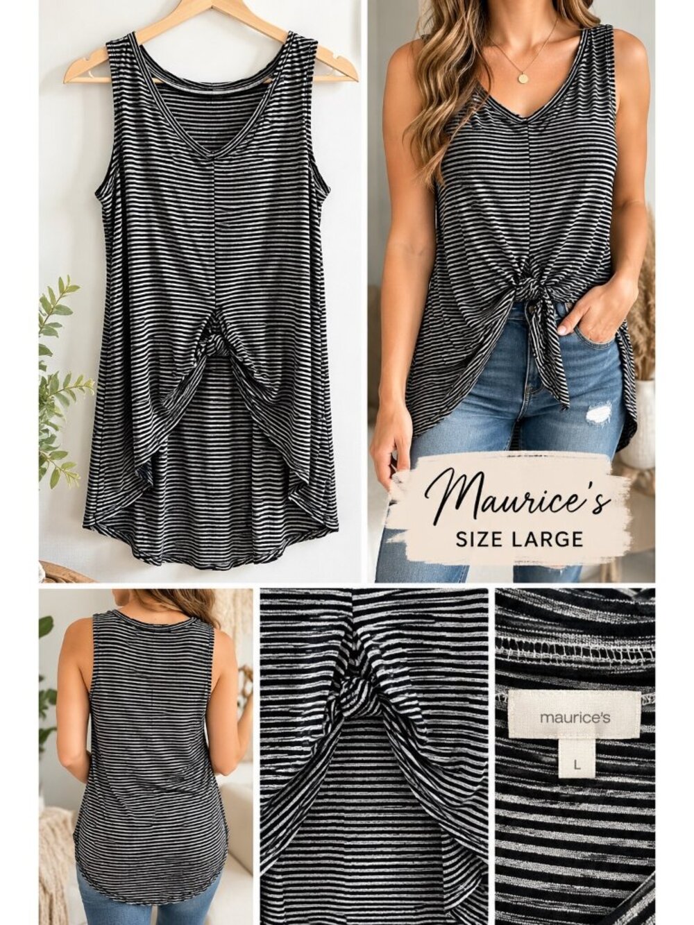 Maurice’s Black & White Striped Tie-Front Tank Top – Size Large